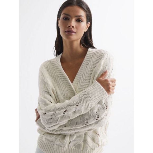 NWOT Reiss Claudine Knit Cable Shawl Neck Jumper Sweater White Ivory Cotton - Picture 6 of 9
